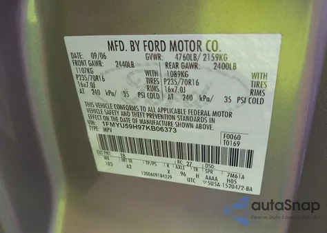 2007 Ford Escape Hybrid z USA, uszkodzony, nr VIN 1FMYU59H97KB06373